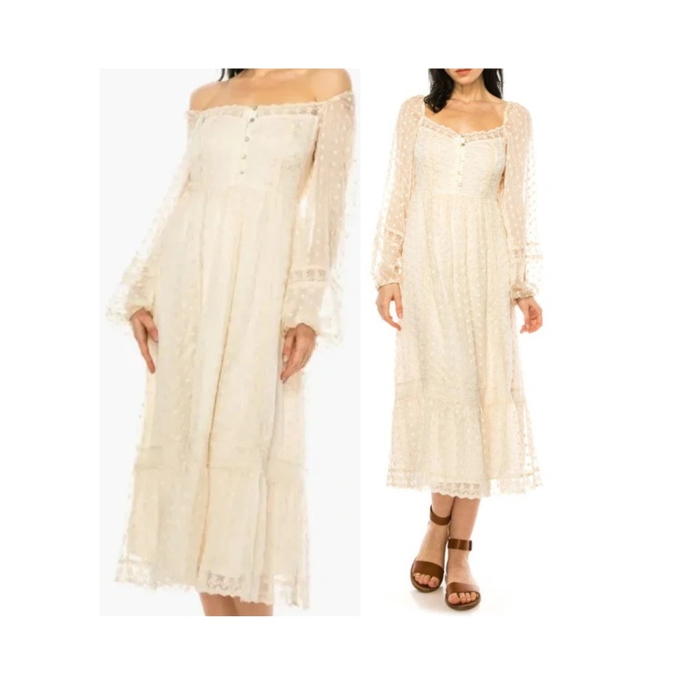 Cottagecore Cream Swiss Dot Boho Midi Dress L Puff Sleeve Victorian Peasant NEW